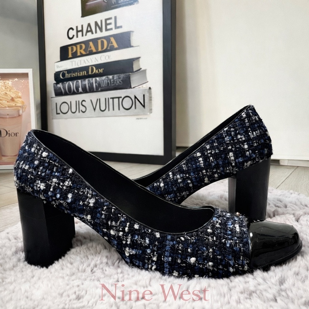 NINE WEST Academia Tweed Block Heel Pumps • Black Blue • Chic Classic • Size 8